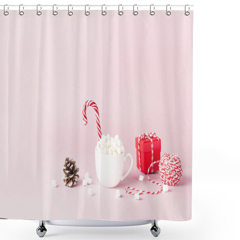 Personality  White Mug With Marshmallows Candy Cane, Red Gift Box, Pine Cone, Decorative Lace On Pink Background Flat Lay Winter Traditional Drink Food Festive Decor Christmas New Year Presents Xmas Holiday Shower Curtains