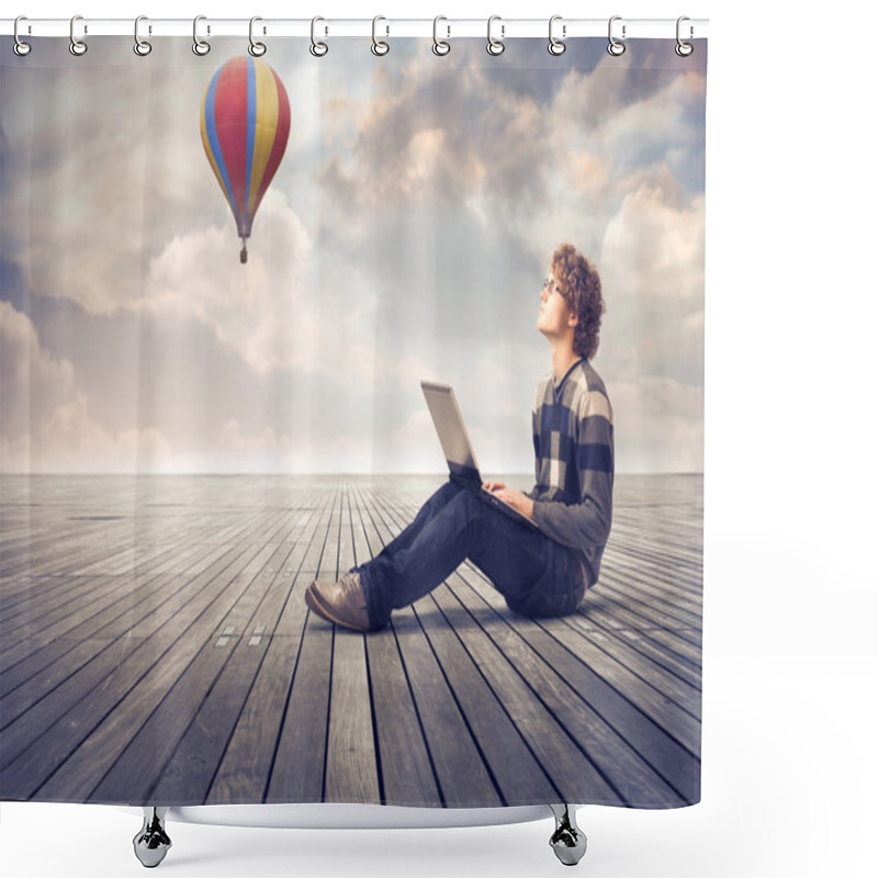 Personality  Young Man On  Floor Using A Laptop Shower Curtains