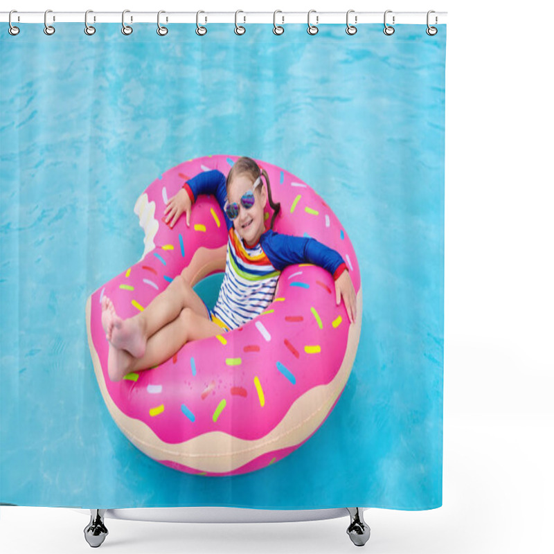 Personality  Child In Swimming Pool On Funny Inflatable Donut Float Ring. Little Girl Learning To Swim In Outdoor Pool Of Tropical Resort. Water Toys For Kids. Healthy Sport Activity For Children. Sun Protection.  Shower Curtains