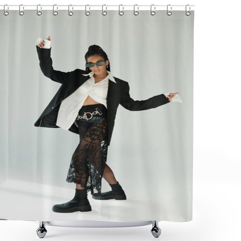 Personality  A Confident Young Woman In Trendy Attire Poses Dynamically Against A Neutral Background. Shower Curtains