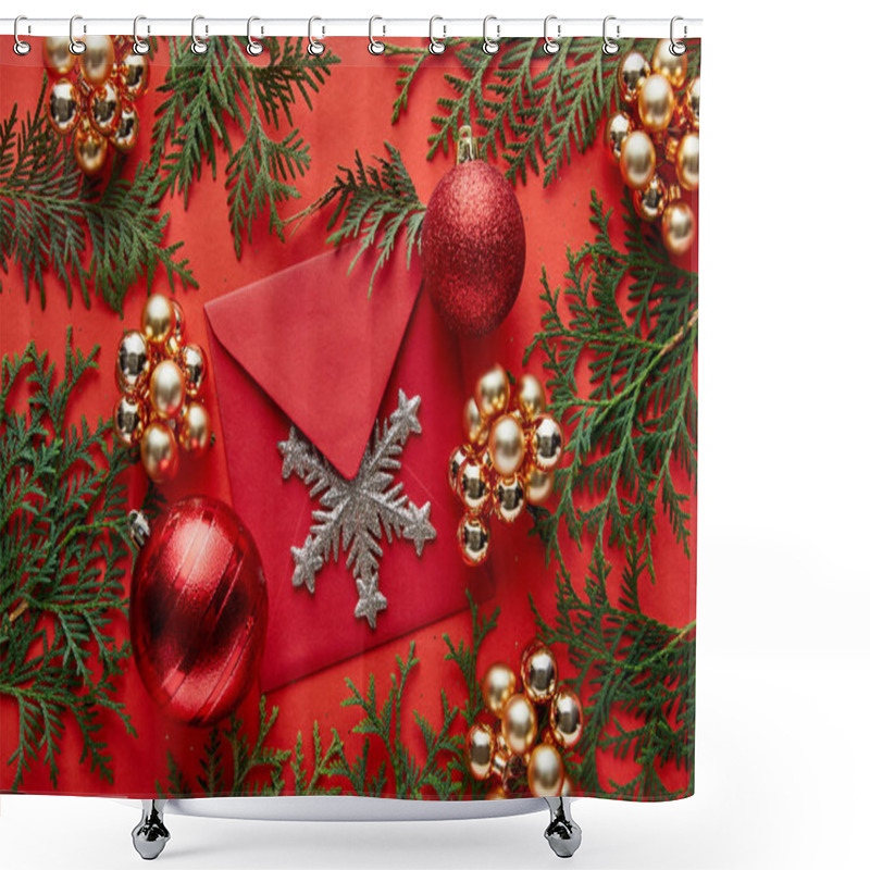 Personality  Top View Of Shiny Christmas Decoration, Envelope With Snowflake And Thuja On Red Background Shower Curtains