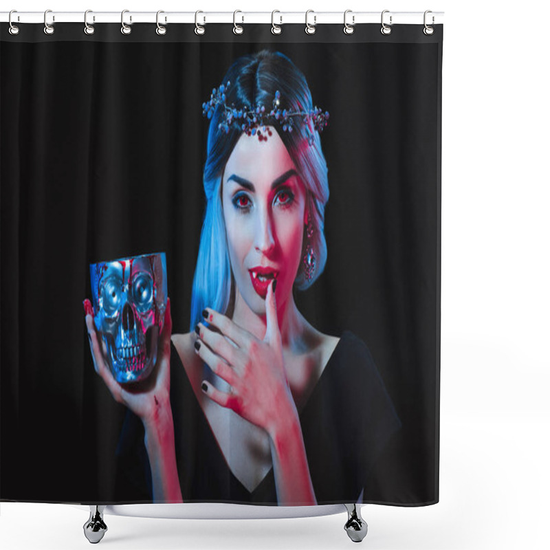 Personality  Vampire Woman Holding Skull With Blood And Licking Her Fingers Isolated On Black Shower Curtains