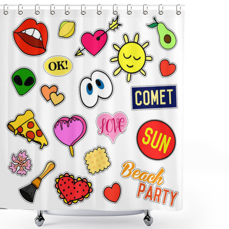 Personality  Fashion Patch Badges. Big Set. Stickers, Pins, Embroidery, Patches And Handwritten Notes Collection In Cartoon 80s-90s Comic Style. Trend. Vector Illustration Isolated. Shower Curtains