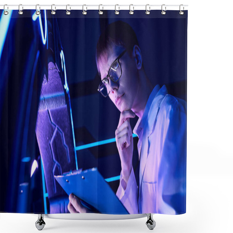 Personality  Young Thoughtful Scientist With Clipboard In Neon-lit Innovation Hub, Futuristic Concept Shower Curtains