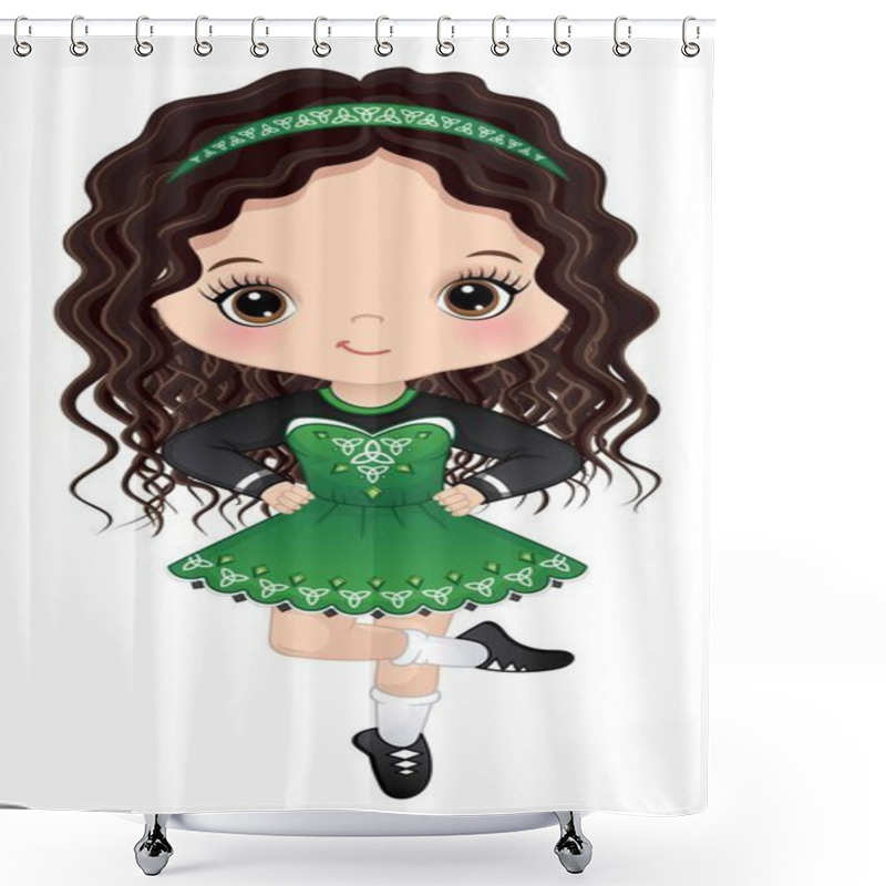 Personality  Cute Little Girl Wearing Traditional Celtic Dress Performing Irish Dance. Little Girl Is Dark-haired With Long Curly Hair And Hazel Eyes. Irish Dancer Vector Illustration Shower Curtains