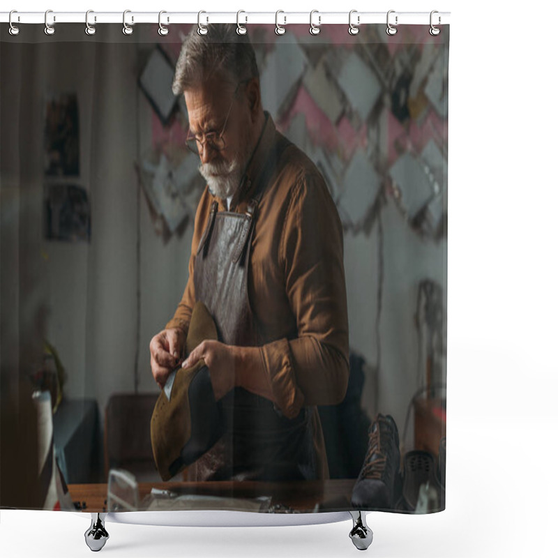 Personality  Selective Focus Of Senior Cobbler Holding Piece Of Genuine Leather In Workshop Shower Curtains