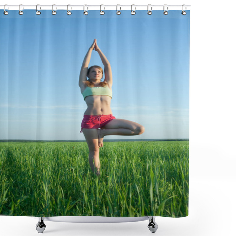 Personality  Young Girl Doing Yoga Against Nature Shower Curtains