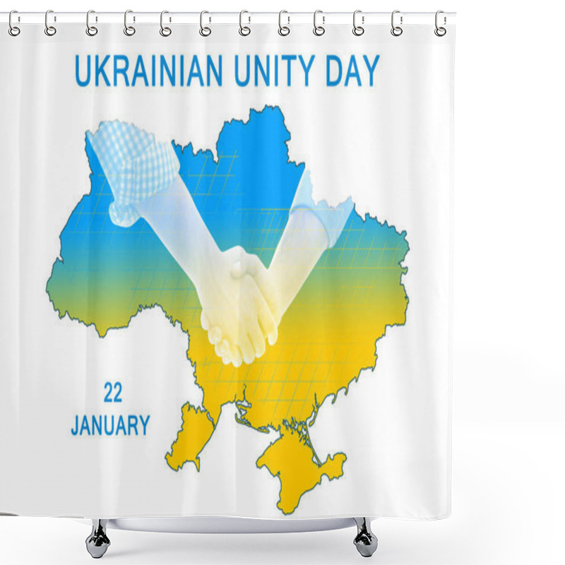 Personality  Ukrainian Unity Day Poster Design. People Shaking Hands And Map On White Background, Double Exposure Shower Curtains