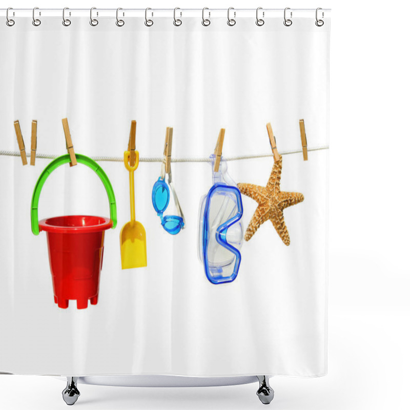 Personality  Summer Toys On Clothesline Against White Shower Curtains