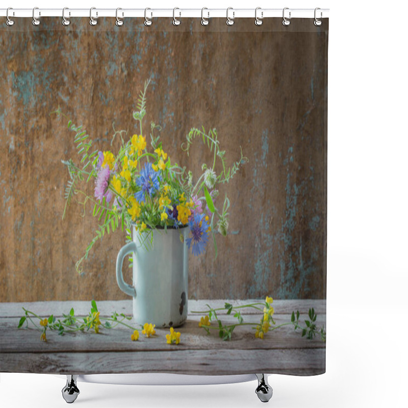 Personality  Summer Flowers In Old Cup On Wooden Background Shower Curtains