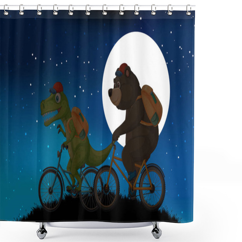 Personality  Bear And Dinosaur Biking Under A Starry Night Sky Shower Curtains