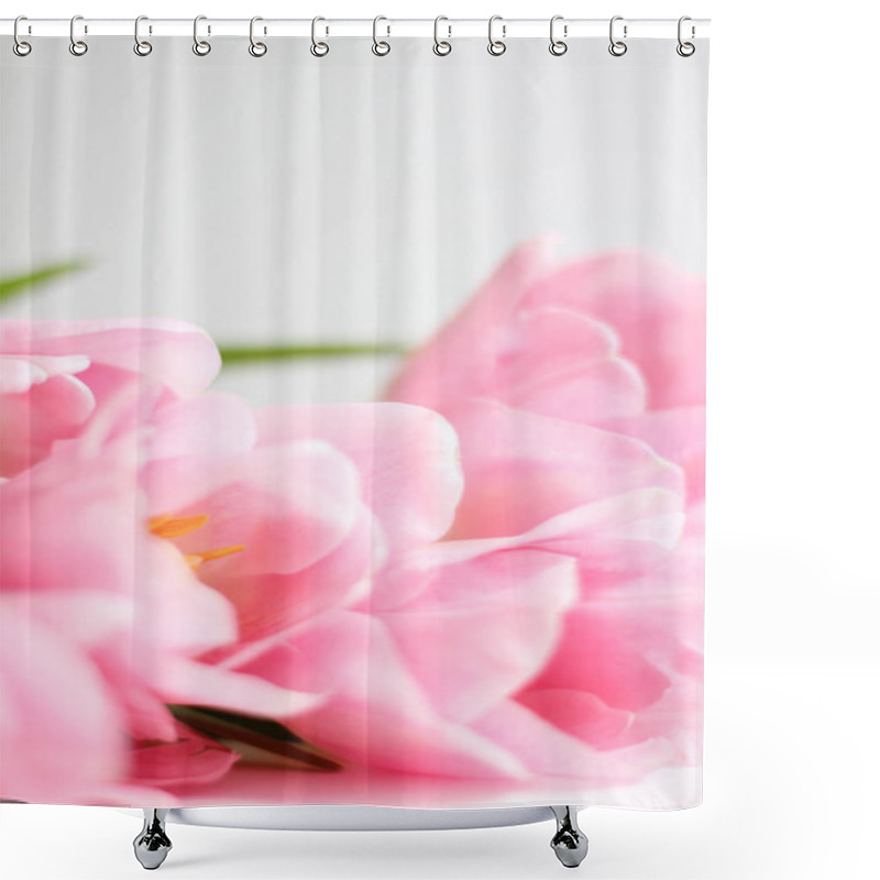 Personality  Bouquet Of Pale Pink Tulips On White Background. Valentine's Day, International Women's Day Flower Gift.  Valentine's Day Backdrop. Art Design With Flowers. Shower Curtains