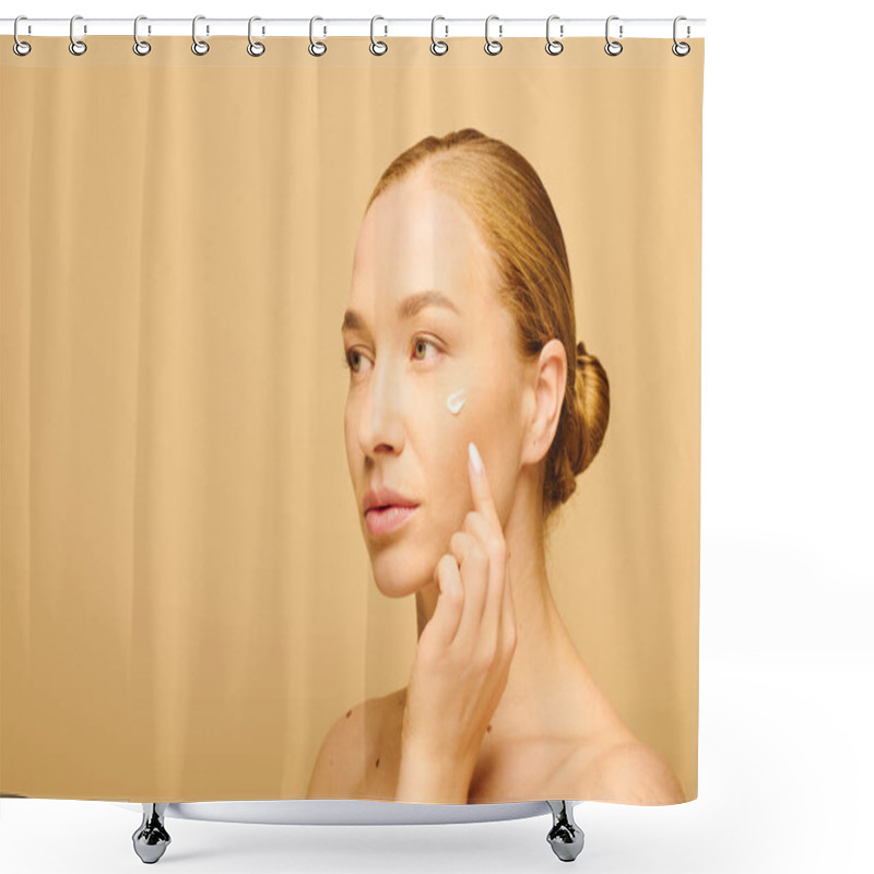 Personality  A Young Beautiful Plus Size Woman Tenderly Applies Cream To Her Face, Showcasing Her Glowing Skin. Shower Curtains