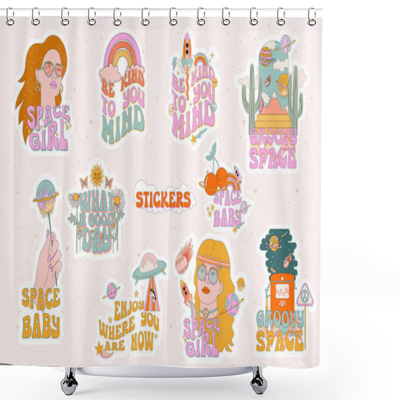 Personality  Collection Of Retro Stickers. Hippie Girls, 70s Elements, Space And Pop Art. Ready Made Label. Editable Vector Illustration Shower Curtains