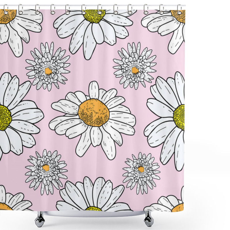 Personality  Vector Pink Background Daisy Flowers And Wild Flowers. Seamless Pattern Background Shower Curtains