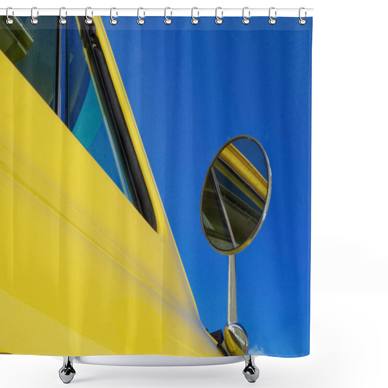 Personality  Detail Of A Yellow Pick-up Truck In Front Of A Blue Sky Shower Curtains