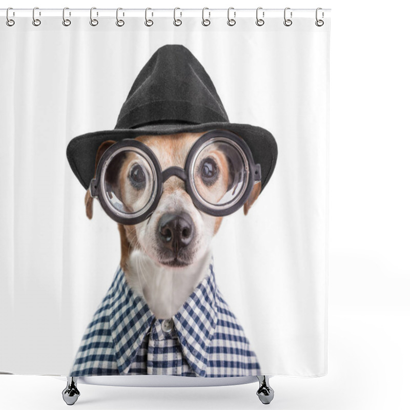 Personality  Funny Fashionable Stylish Trendy Dog Portrait In Round Glasses, Black Hat And Checkered Shirt. White Background Shower Curtains