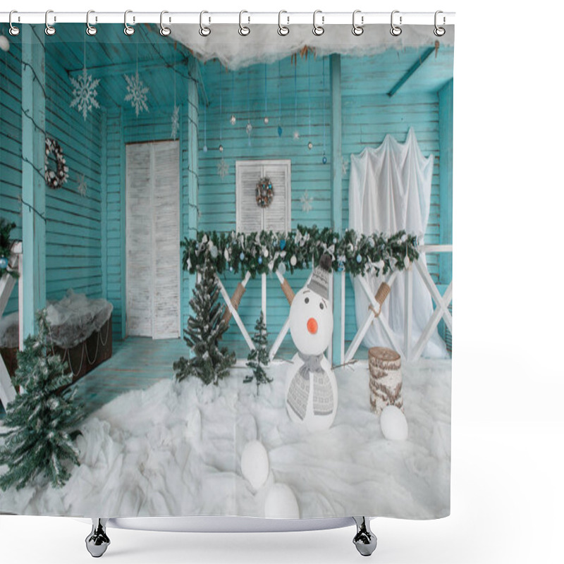 Personality  Christmas Snowman Decoration. The Terrace With Fir Garlands Shower Curtains