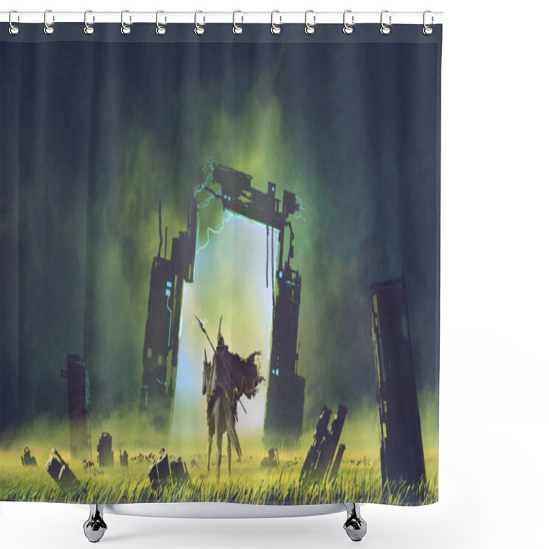 Personality  The Futuristic Knight On A Black Unicorn Entering The Broken Portal To Another World, Digital Art Style, Illustration Painting Shower Curtains