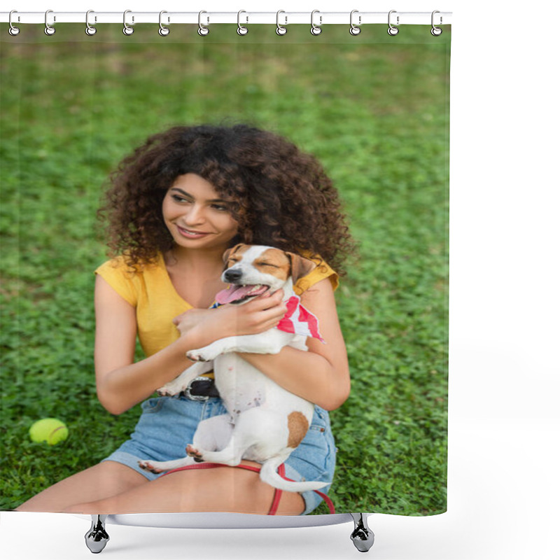 Personality  Selective Focus Of Young Woman Sitting On Grass With Dog And Looking Away Shower Curtains