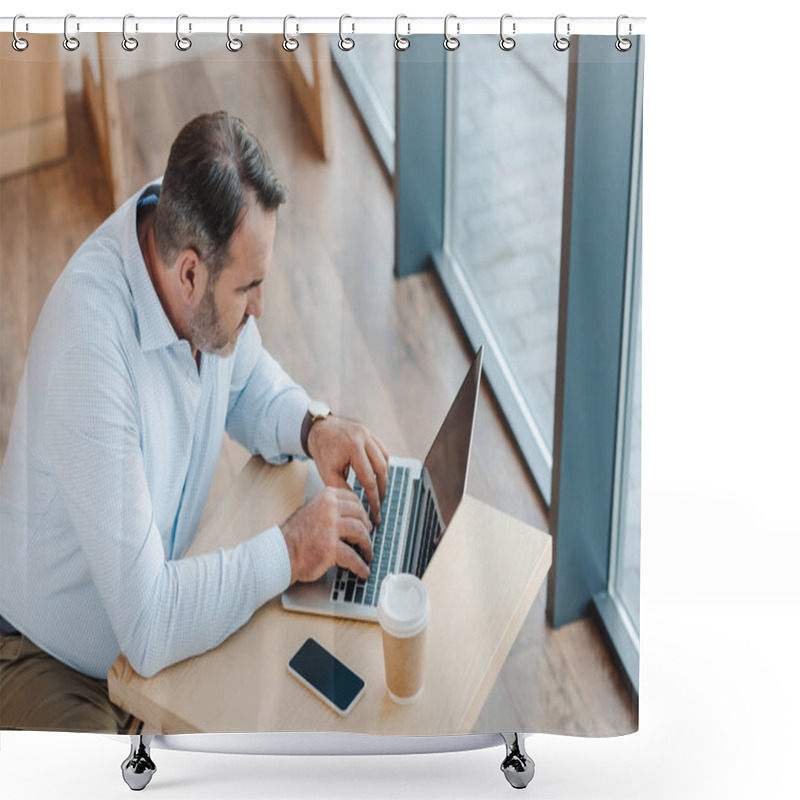 Personality  Businessman Working With Laptop In Cafe Shower Curtains