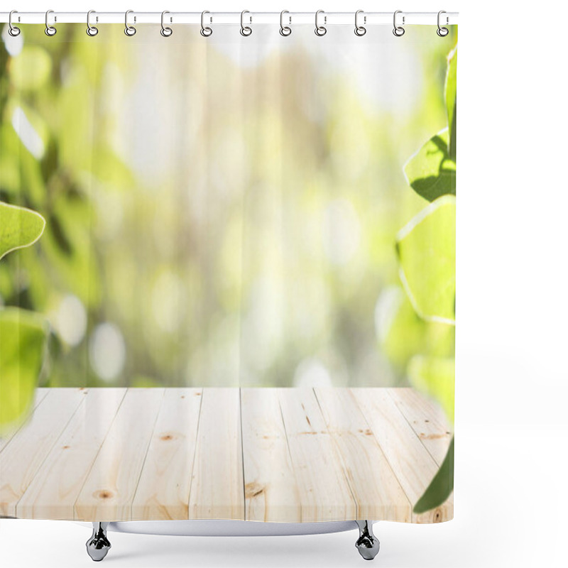 Personality  Empty Table For Present Product With Green Bokeh Out Of Focus Background From Nature Forest. Shower Curtains