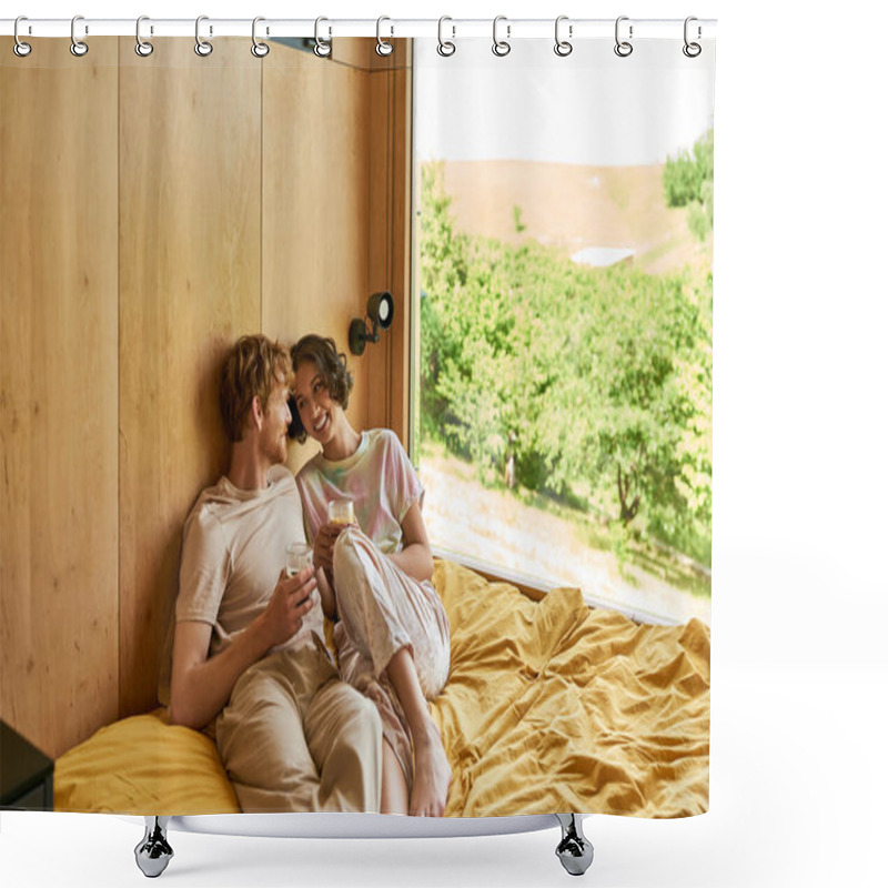 Personality  Happy Interracial Couple Sitting  On Bed And Holding Cups Of Morning Coffee In Country House Shower Curtains