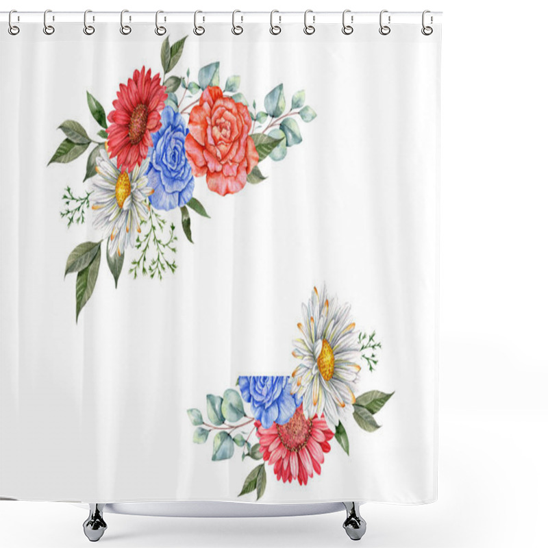 Personality  4th Of July Patriotic Concept. Independence Day Design Element. Hand Painted Watercolor Floral Arrabgement . Botaical Illustration Shower Curtains