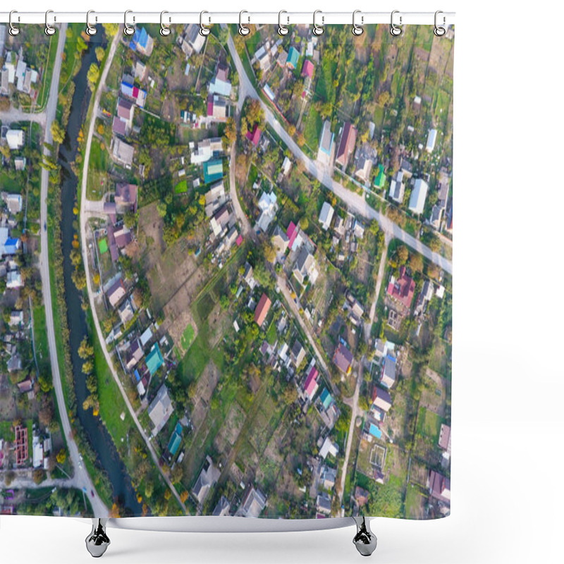 Personality  Top View Of The Village. One Can See The Roofs Of The Houses And Gardens. Road And Water In The Village. Village Bird's-eye View Shower Curtains