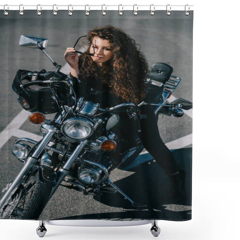 Personality  Curly Woman Sitting On Chopper Motorbike With Helmet On Urban Parking Shower Curtains