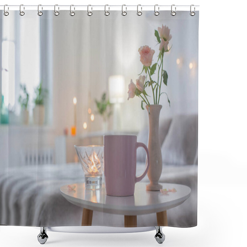 Personality  Pink Cup Of Coffee And  Roses  In Vase On Table In Bedroom Shower Curtains