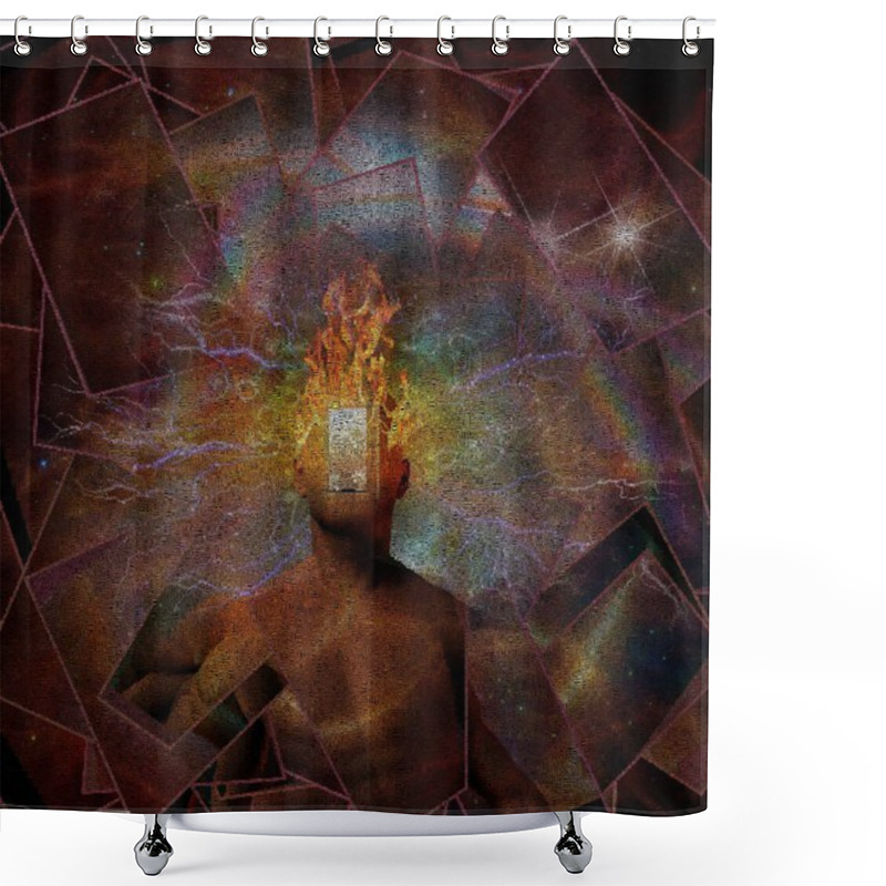 Personality  Surreal Painting. Man With Burning Head And Door Instead Of Face. Words. Shower Curtains