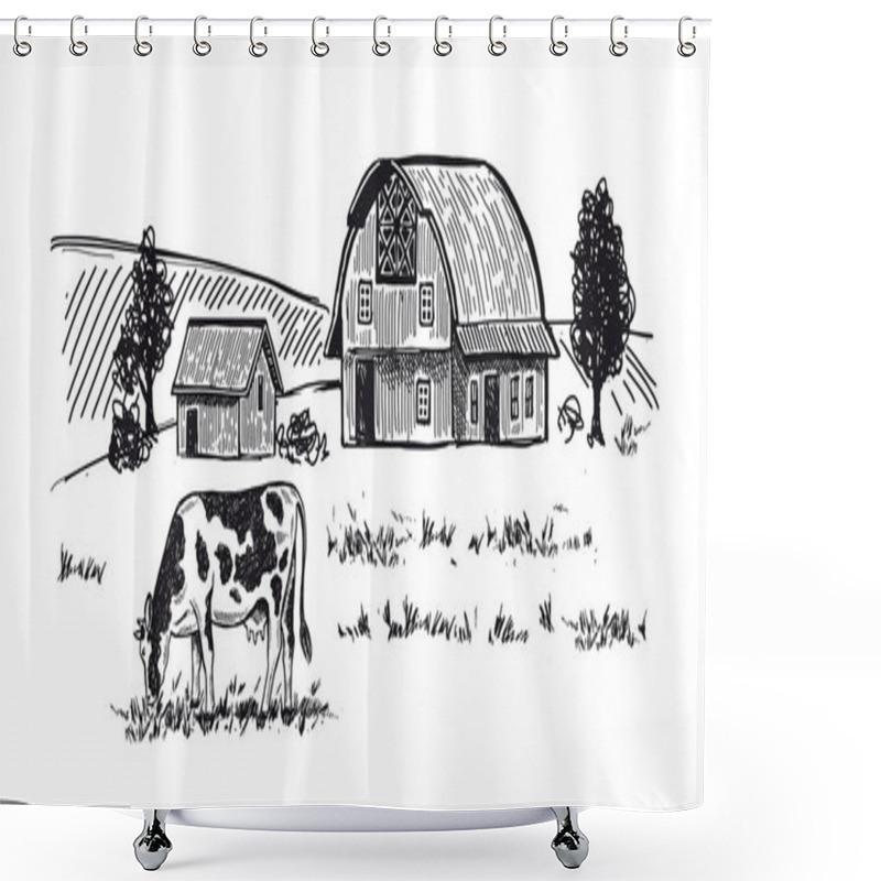 Personality  Cows Chew Grass, Hand Drawn Illustrations. Dairy Farm, Vector. Shower Curtains