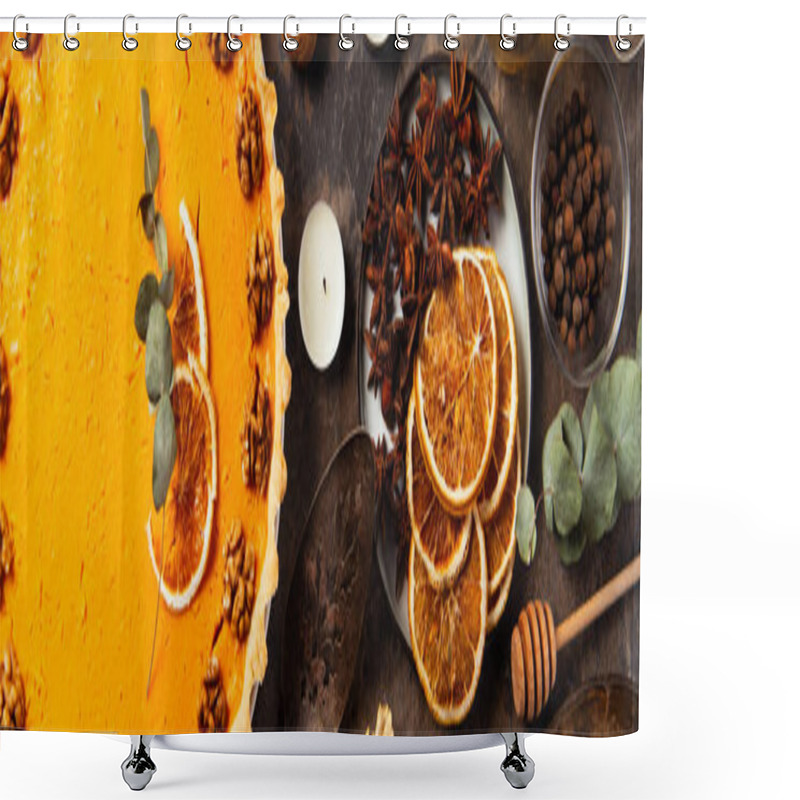 Personality  Thanksgiving Setting, Pumpkin Pie With Walnuts And Orange Slices Near Spices On Stone Table, Banner Shower Curtains