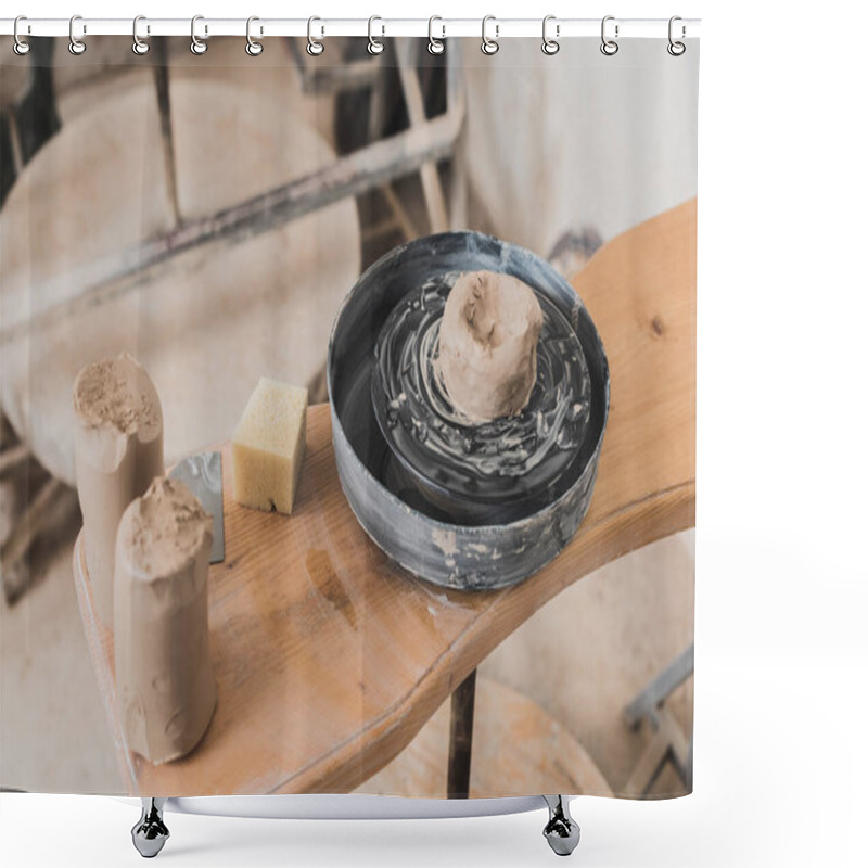 Personality  High Angle View Of Wet Piece Of Clay On Pottery Wheel And Sponge On Wooden Bench In Art Studio Shower Curtains