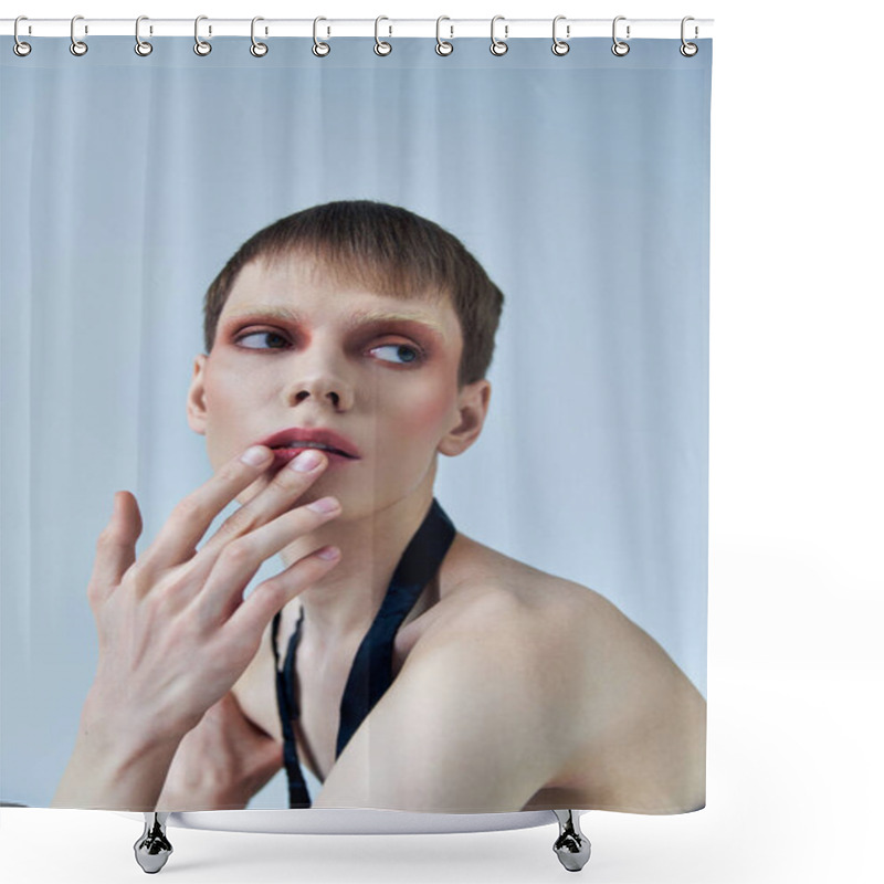 Personality  Queer Model With Makeup Looking Away On Grey Backdrop, Androgynous, Touching Lip, Self Expression Shower Curtains