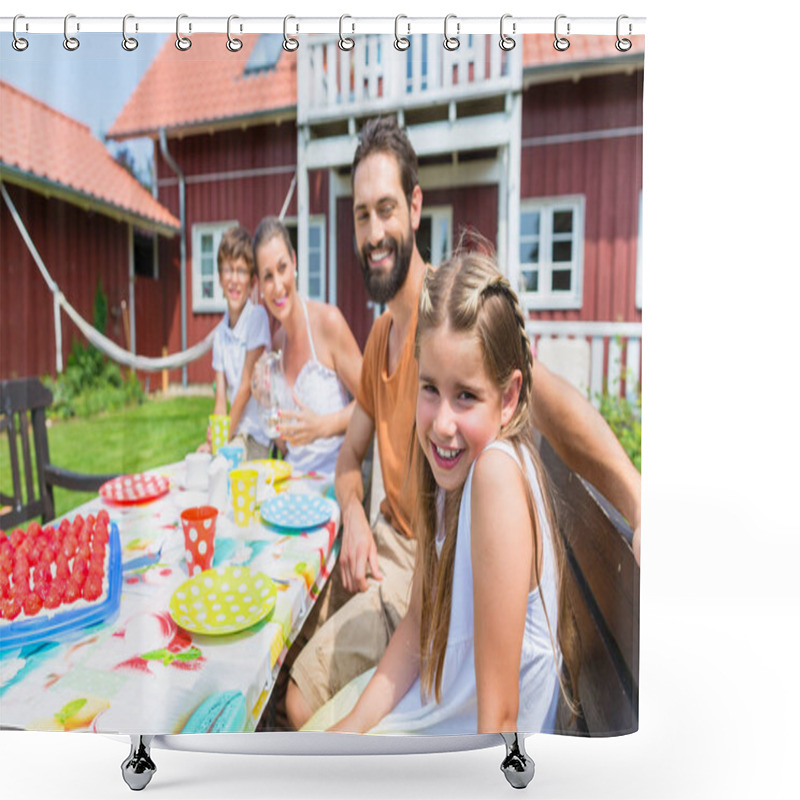 Personality  Family Drinking Coffee And Eating Cake Front Of House Shower Curtains