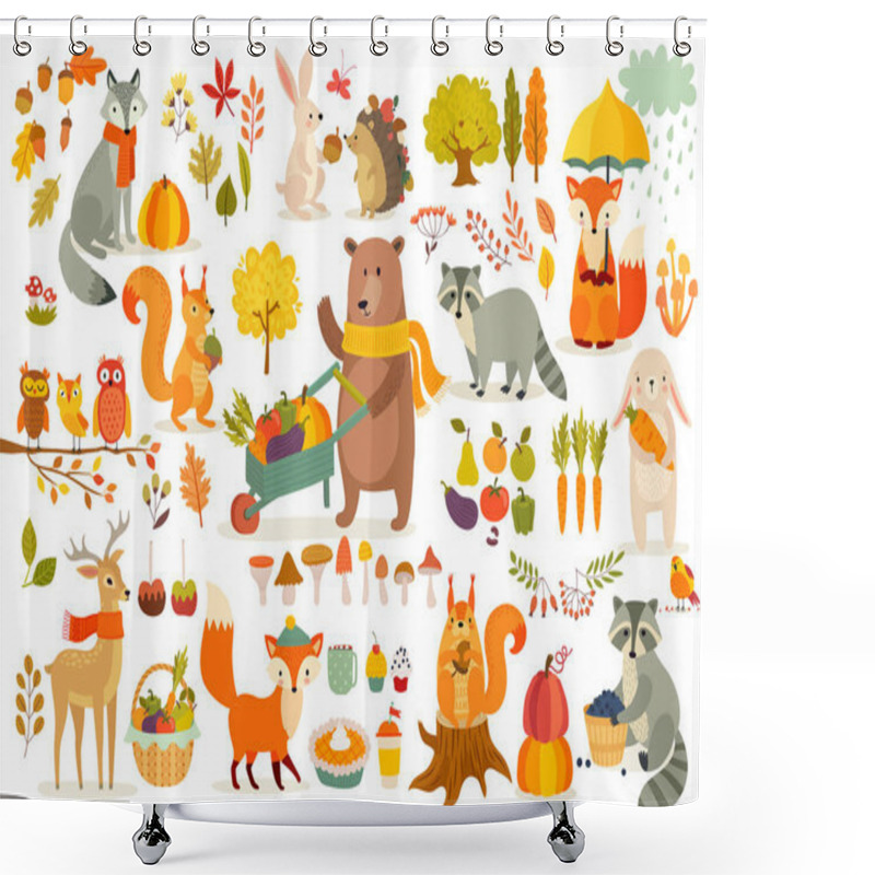 Personality  FAll Theme Set, Forest Animals Hand Drawn Style. Vegetables, Trees, Leaves, Food For Harvest Festival Or Thanksgiving Day. Cute Autumn Charactrs - Bear, Fox, Raccoon, Squirel. Vector Illustration. Shower Curtains