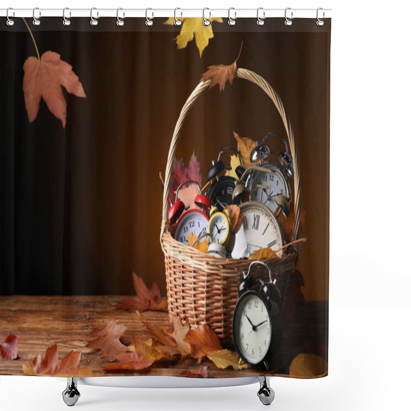 Personality  Alarm Clocks And Dry Leaves In Wicker Basket On Wooden Table Against Brown Background, Space For Text Shower Curtains