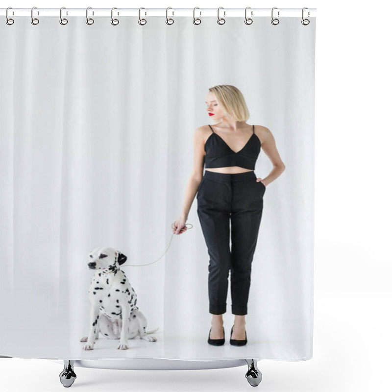 Personality  Attractive Stylish Blonde Woman In Black Clothes Holding Dalmatian Dog Leash On White Shower Curtains