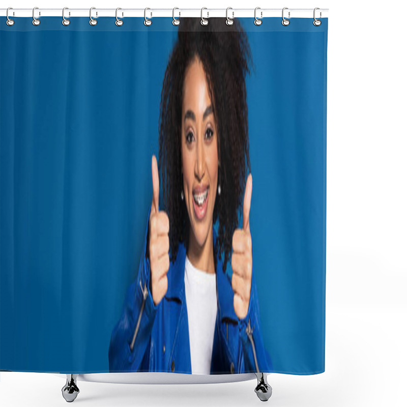 Personality  Smiling African American Woman Showing Thumbs Up On Blue Background, Panoramic Shot Shower Curtains