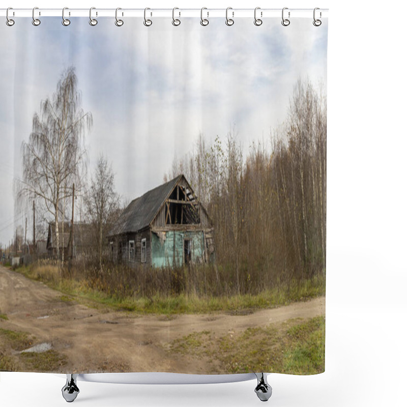 Personality  Autumn Rural Landscape. Crossroads Of Country Roads, Mud, Puddles, An Old Abandoned Dying House, Bare Trees Shower Curtains