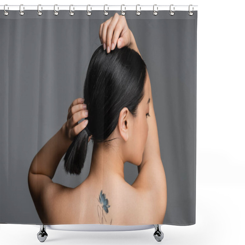 Personality  Side View Of Pretty Asian Woman With Tattoo On Back Touching Hair Isolated On Grey  Shower Curtains