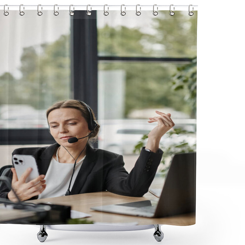 Personality  A Middle-aged Woman Wearing A Headset Is Overwhelmed With Work At Her Desk. Shower Curtains