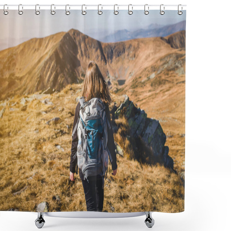 Personality  Hiker Girl Walk Into The Mountains Shower Curtains