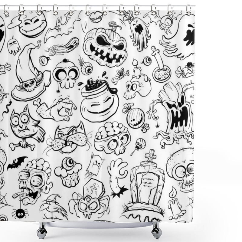 Personality  Halloween Seamless Pattern, Black And White Hand Drawn Vector Line Graphic Illustration With Classic Halloween Art Elements Shower Curtains