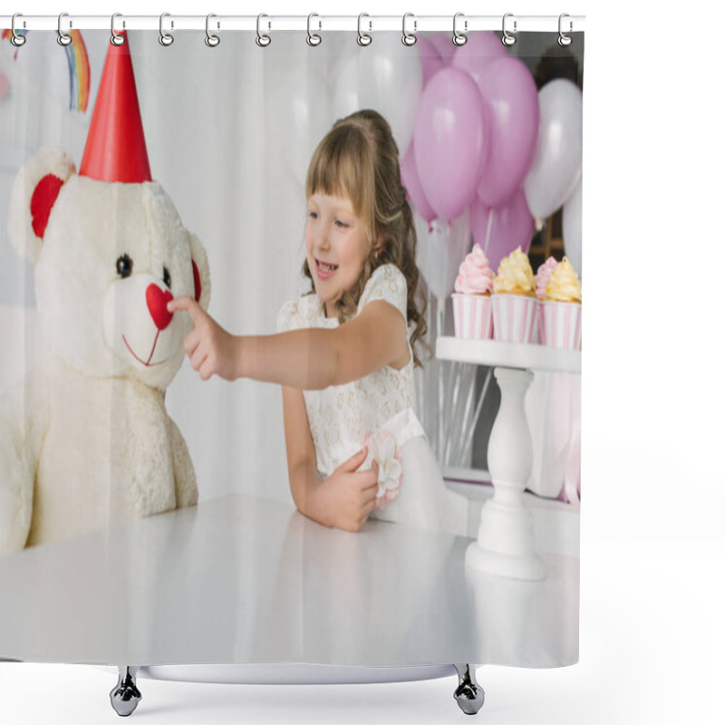 Personality  Smiling Birthday Kid Touching Nose Of Teddy Bear In Cone  Shower Curtains