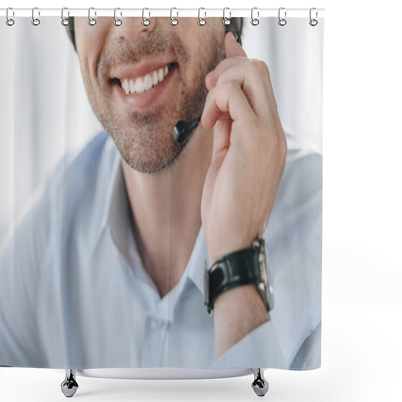 Personality  Cropped Shot Of Smiling Support Hotline Worker Holding Microphone Shower Curtains