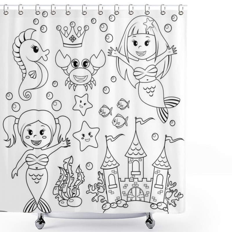 Personality  Mermaid, Underwater Castle And Sea Animals. Fish, Starfish, Seahorse, Crab, Crovn. Black And White Vector Illustration For Coloring Book Shower Curtains