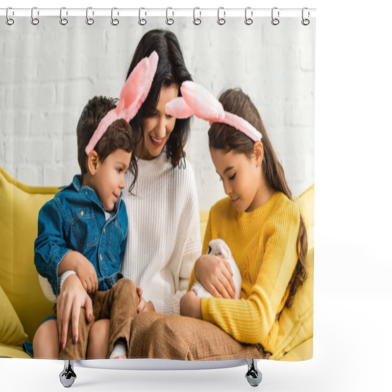 Personality  Happy Woman And Cheerful Children In Bunny Ears Sitting On Yellow Sofa With White Funny Rabbit Shower Curtains